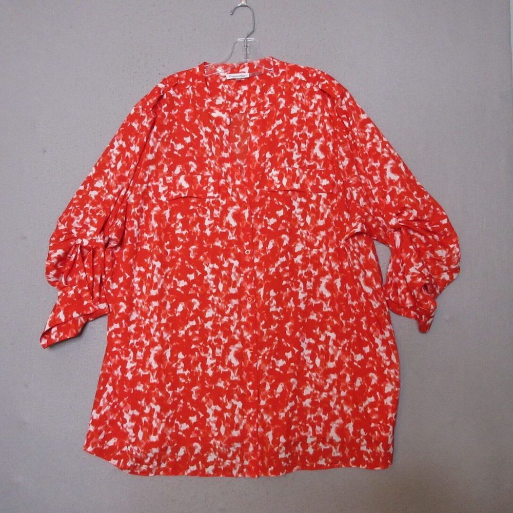Calvin Klein Top Women Plus‎ 3X Red Popover Abstract Print Tabbed Sleeve